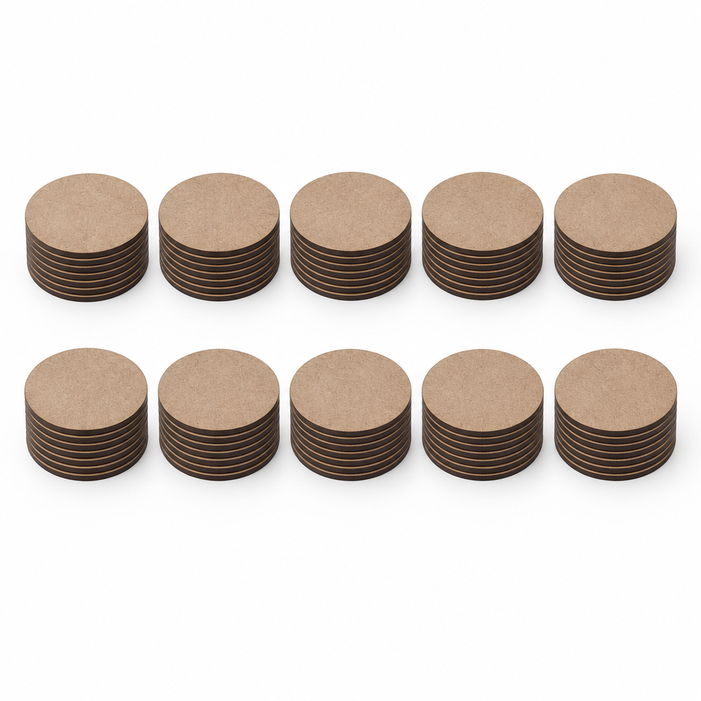 AI-generated representative bulk arrangement of ten stacks of blank round MDF coasters; visible layers do not establish exact pack quantity