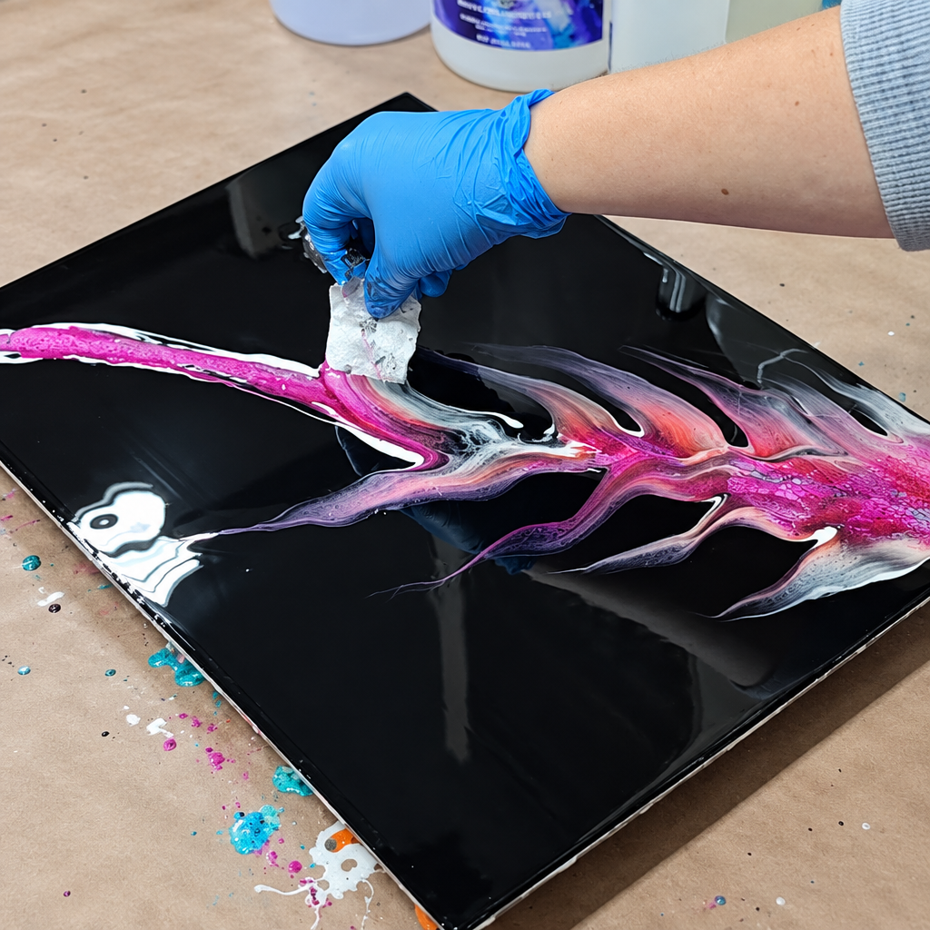 Gloved artist using glossy swiping paper across a pink and white resin artwork