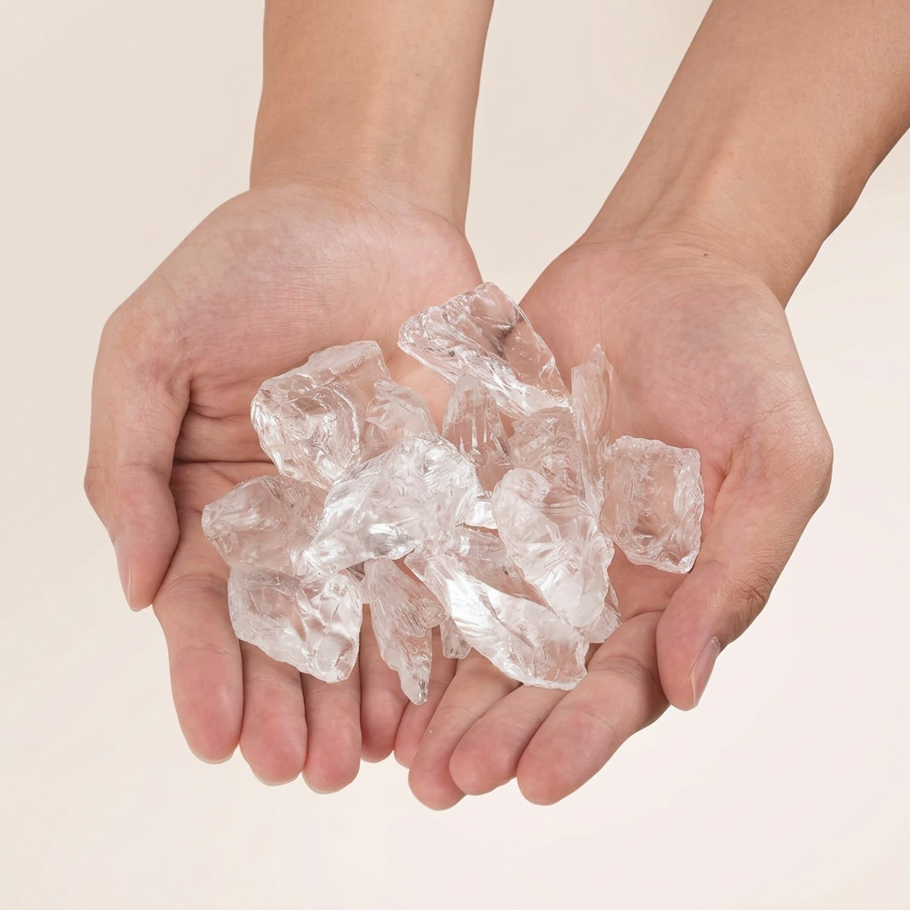 Large clear geode glass shards held in cupped hands for scale