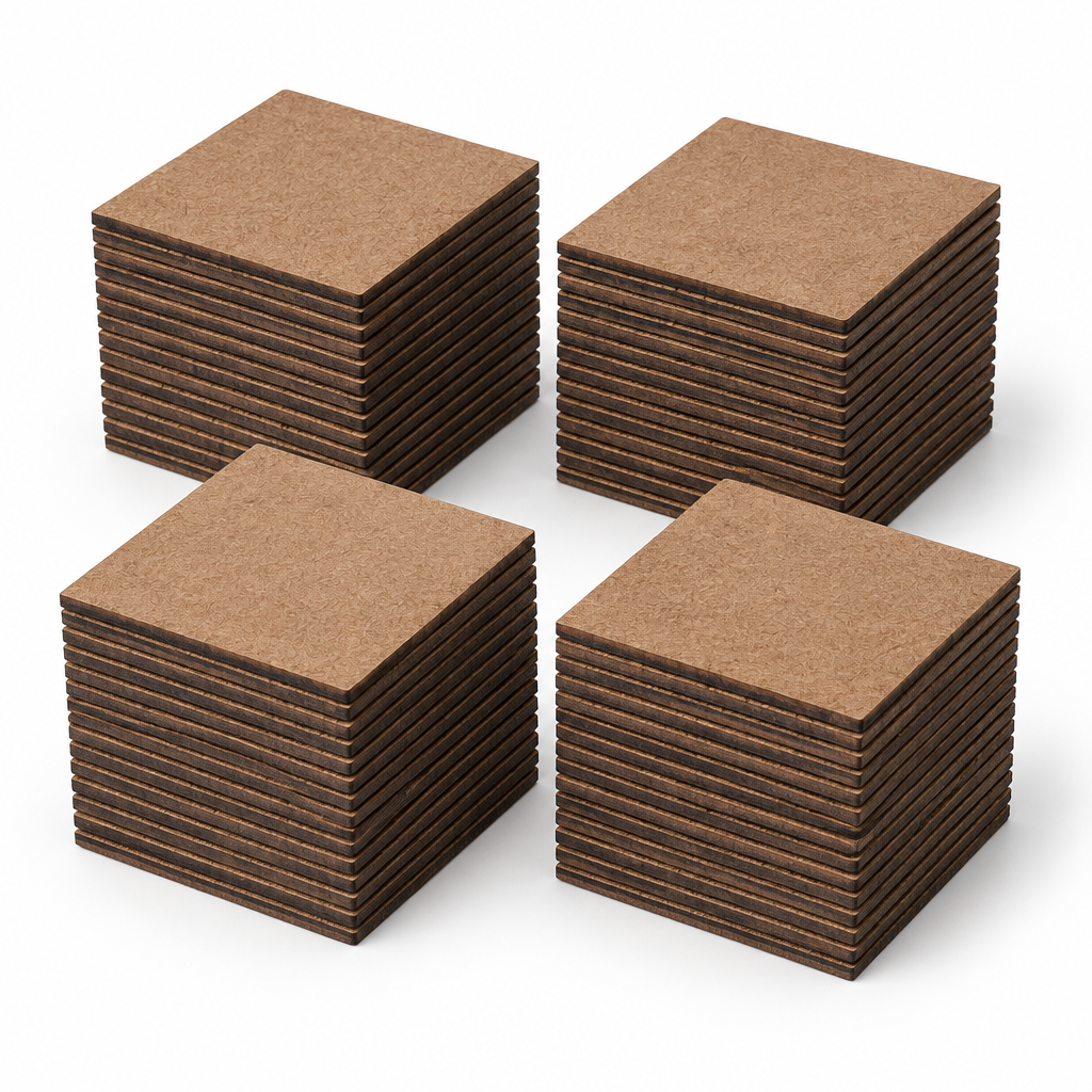 AI-generated representative illustration of four bulk stacks of square MDF coaster blanks; exact layer count is not verified