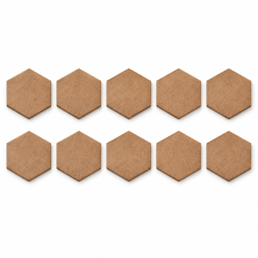 AI-generated illustration of 10 blank hexagonal MDF coasters