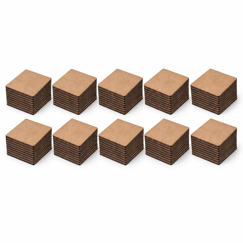 AI-generated representative bulk-stack illustration of square MDF coaster blanks; visible arrangement does not establish exact pack quantity
