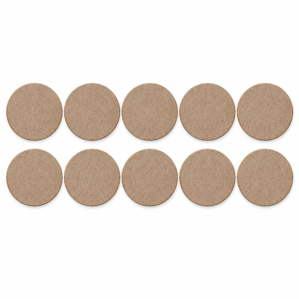 AI-generated illustration of 10 blank round MDF coasters