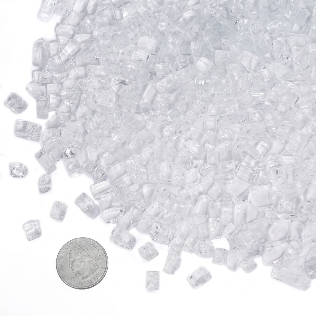 Clear quarter-inch geode glass pieces with a coin for size reference