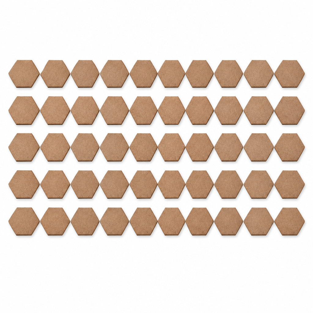 AI-generated illustration of 50 blank hexagonal MDF coasters