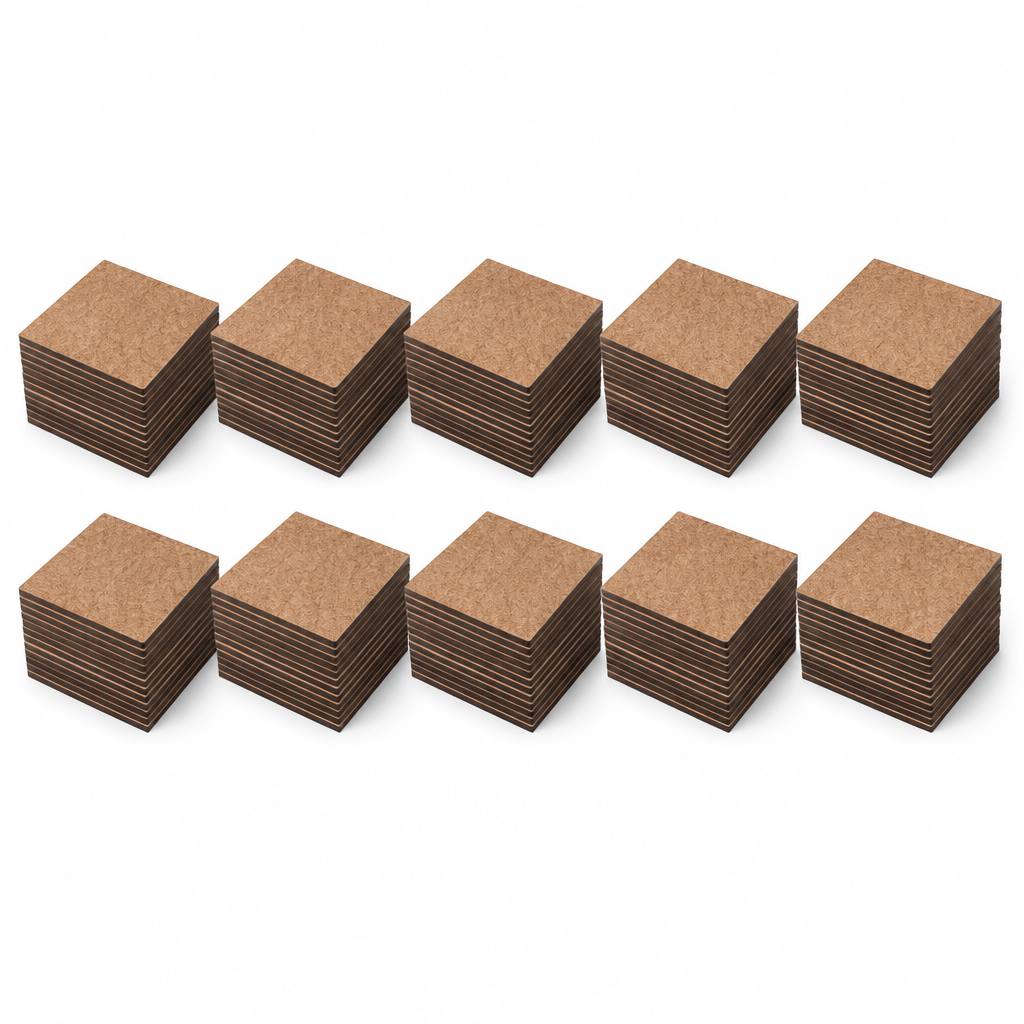 AI-generated representative bulk arrangement of ten stacks of square MDF coaster blanks; not an exact visible quantity
