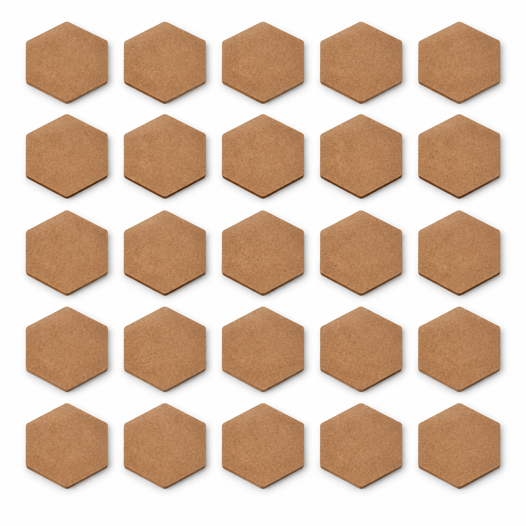 AI-generated illustration of 25 blank hexagonal MDF coasters