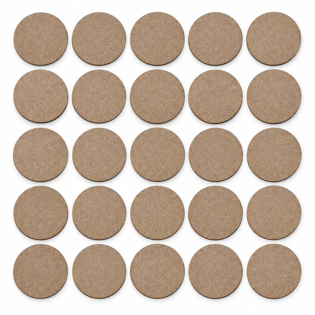 AI-generated illustration of 25 blank round MDF coasters