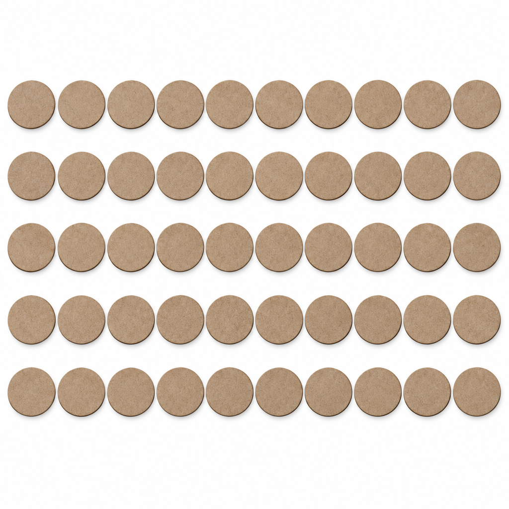 AI-generated illustration of 50 blank round MDF coasters