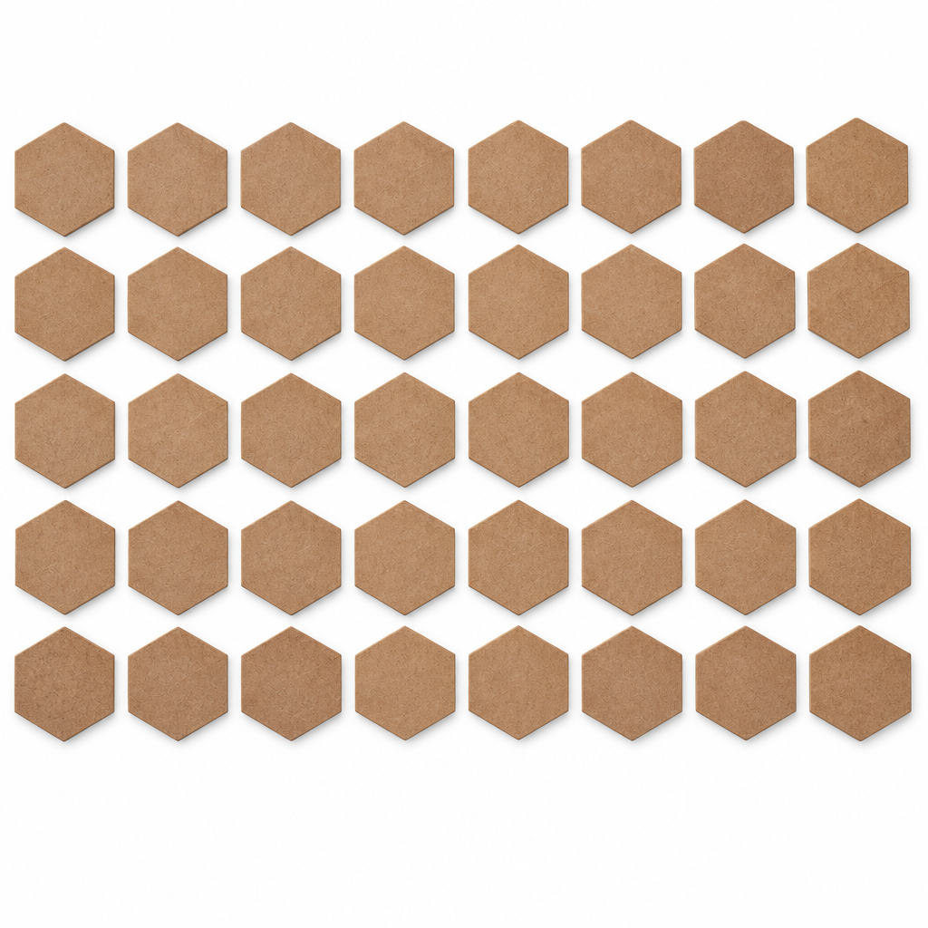AI-generated illustration of 40 blank hexagonal MDF coasters; arrangement does not represent a pack quantity