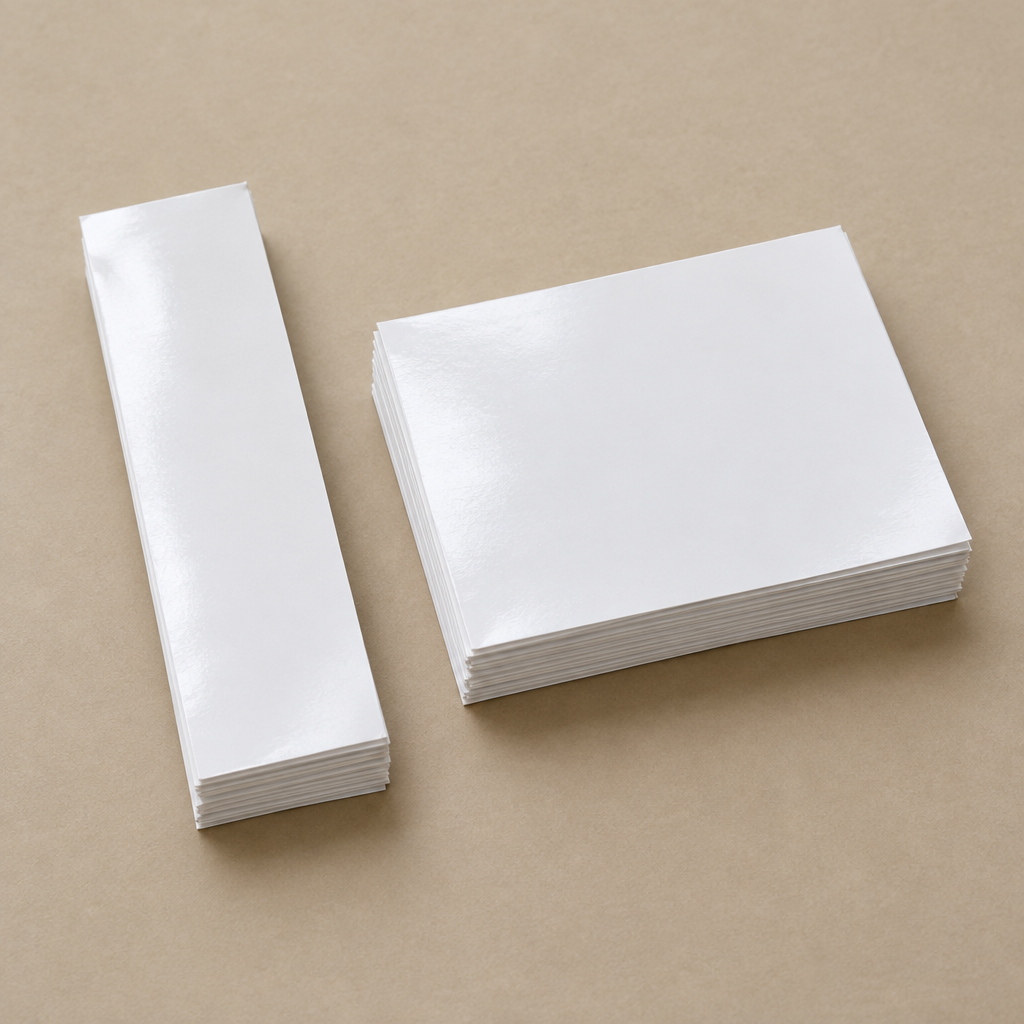 Illustration of a narrow Small stack and a wider Medium stack of glossy swiping papers