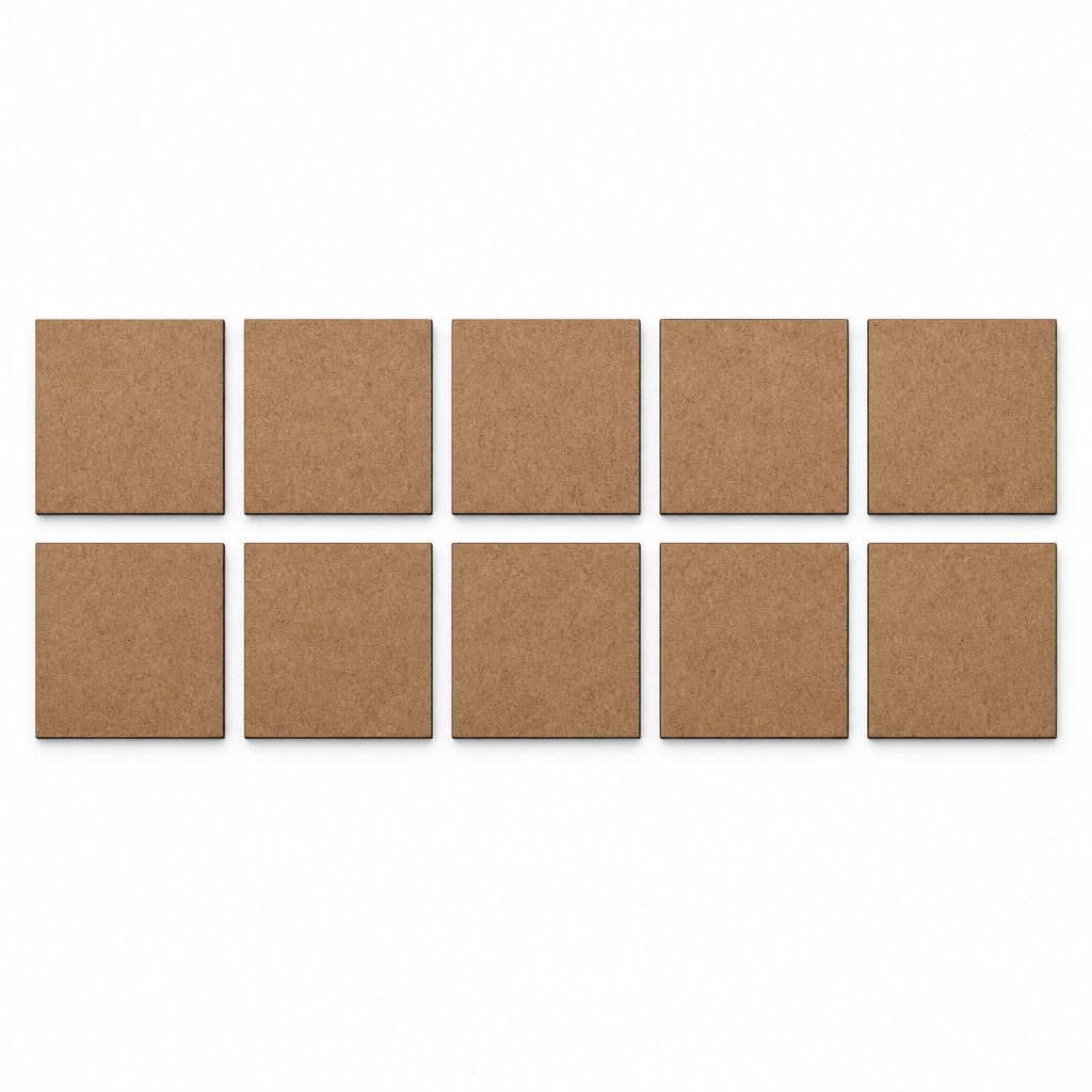 AI-generated illustration of 10 blank square MDF coasters