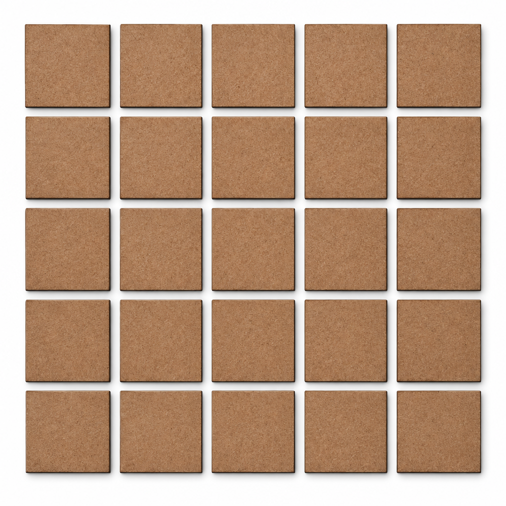AI-generated illustration of 25 blank square MDF coasters