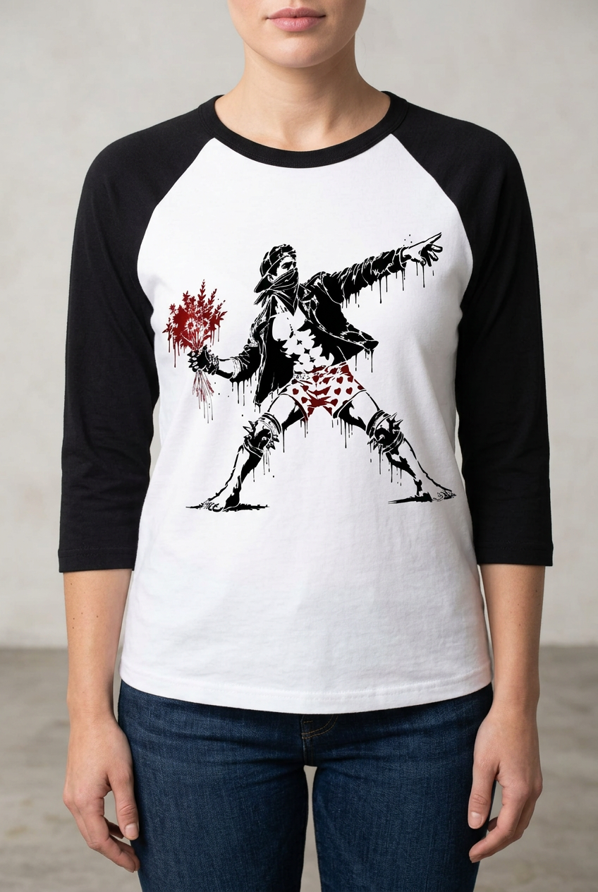 Model wearing Carl’s Bouquet black-sleeve shirt
