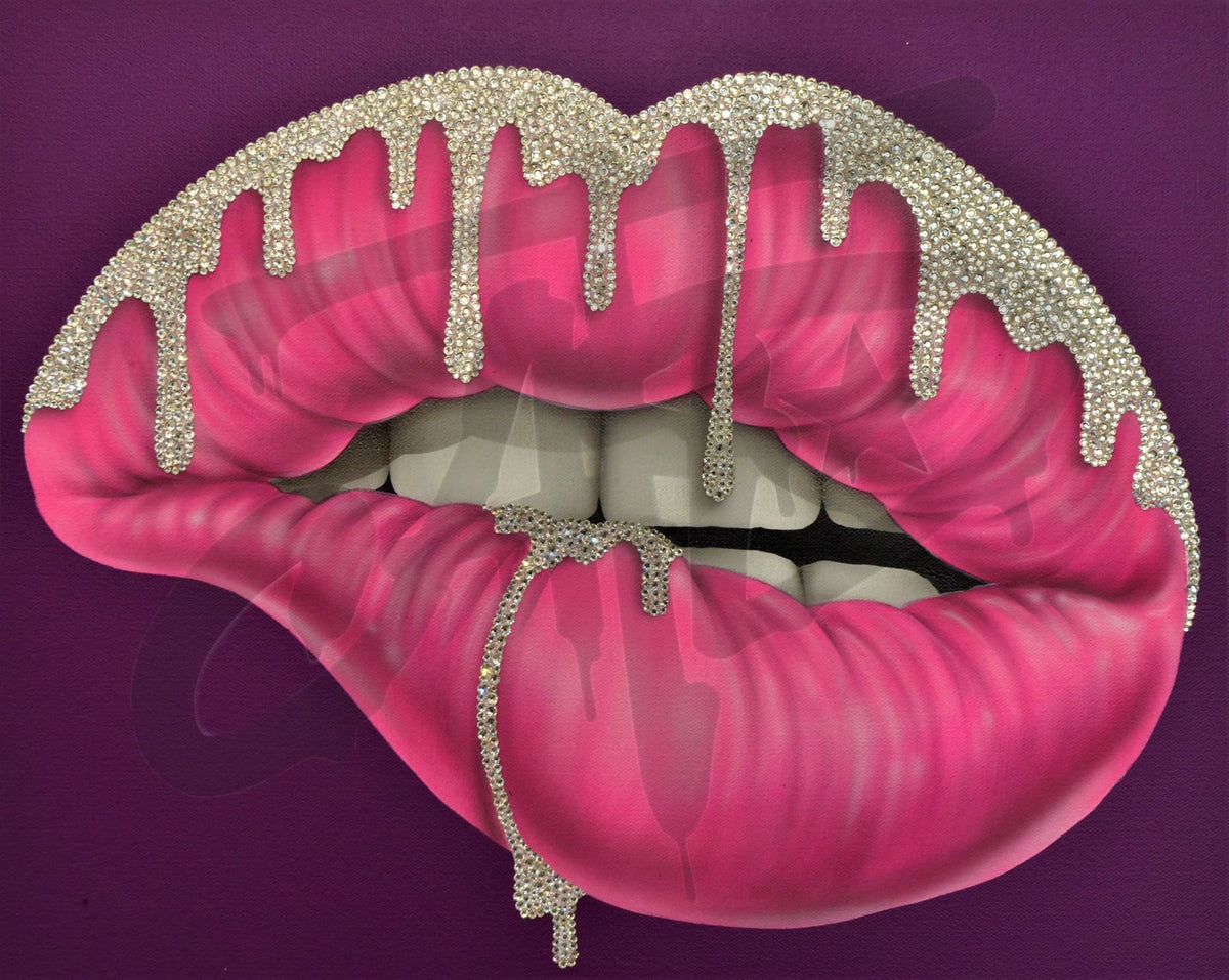 Pink Lips on Purple Canvas with Crystal Drips